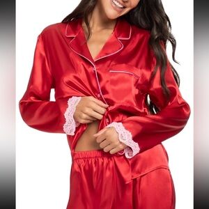 Linea Donatella Red Satin Pajama Top w/ Pink Lace Trim Size L NWT
